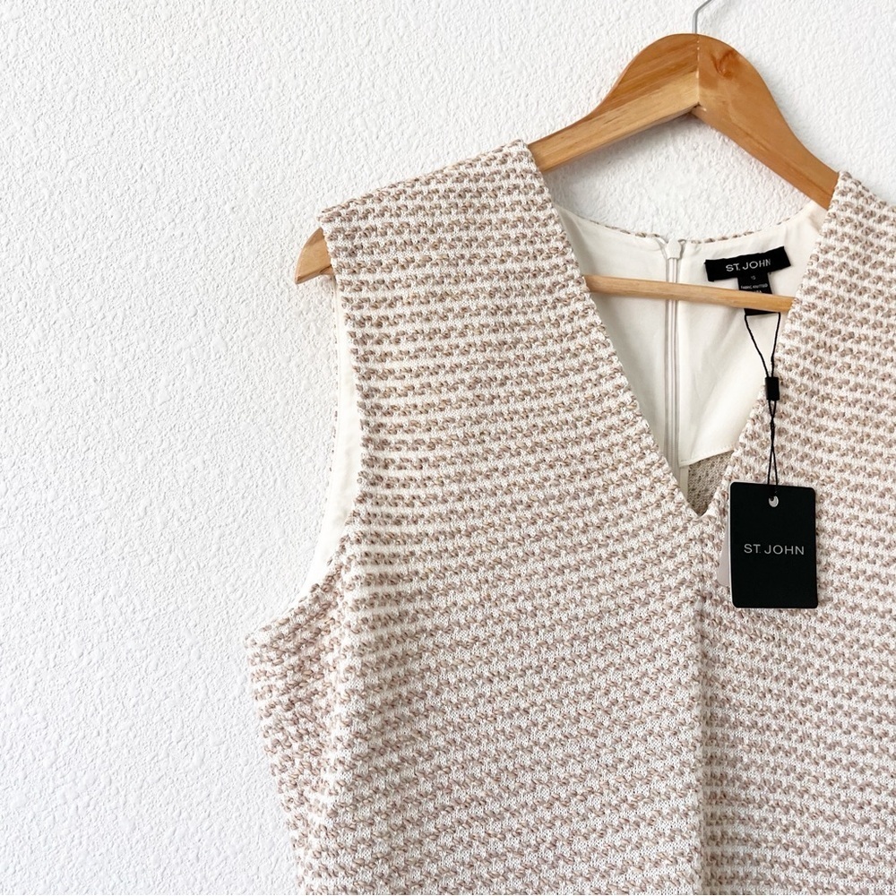 St. John Cream Cork Tweed Shift Dress V-Neck Sleeveless Career Classic Dress - Picture 4 of 10